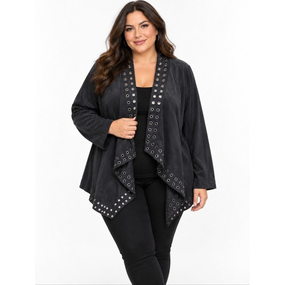 EUC Faux Suede Cato women's unique embroidery stud cardigan jacket top 3X black